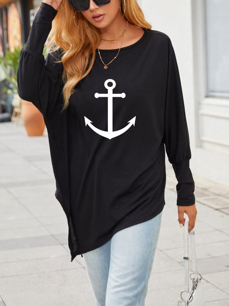 Women's Oversize Long-Sleeve Fashion Printed Logn Sleeve Top Spring/Fall Asymmetrical Hem T-Shirt