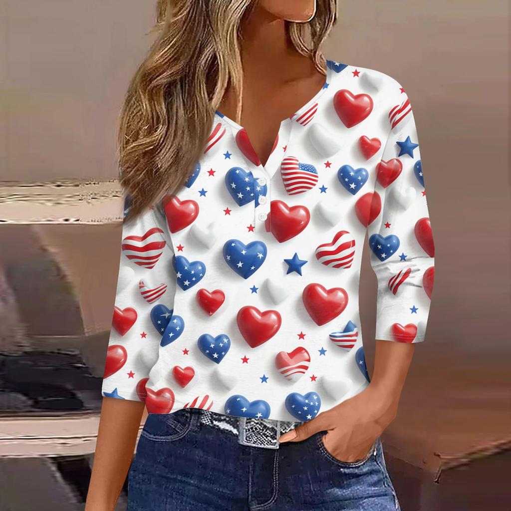 Women's T Shirt Print Button 3/4 Sleeve Daily Weekend Fashion Basic V- Neck Regular Top