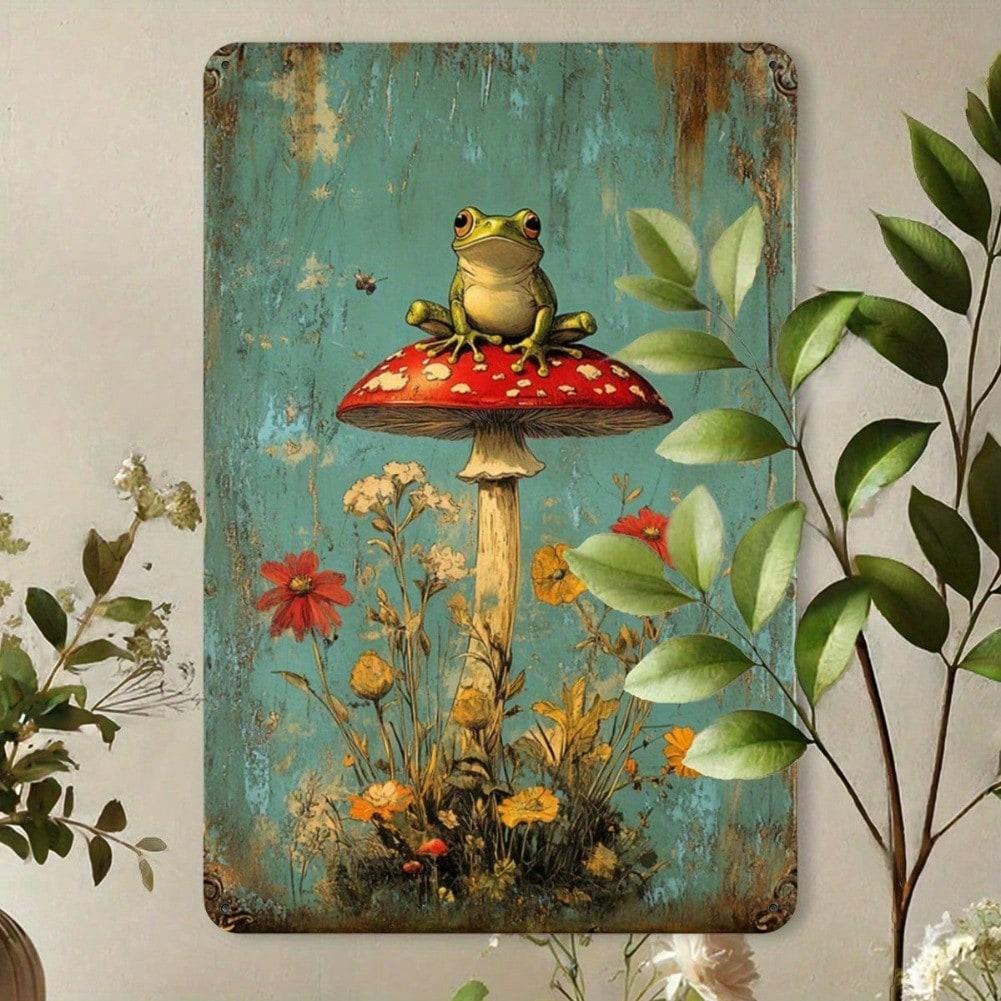 Vintage Frog Mushroom Rainforest Funny Metal Sign Home Decor Gift 2D Flat Art Pre Drilled Holes Wall Poster