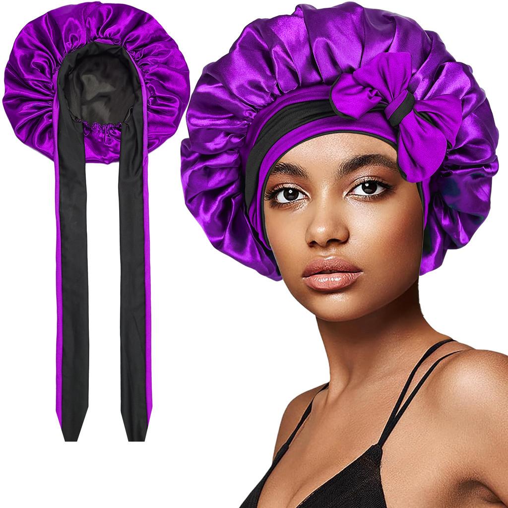 Polyester Double Layer Satin Sleep Cap With Bow Tie For Women And All Seasons Comfort