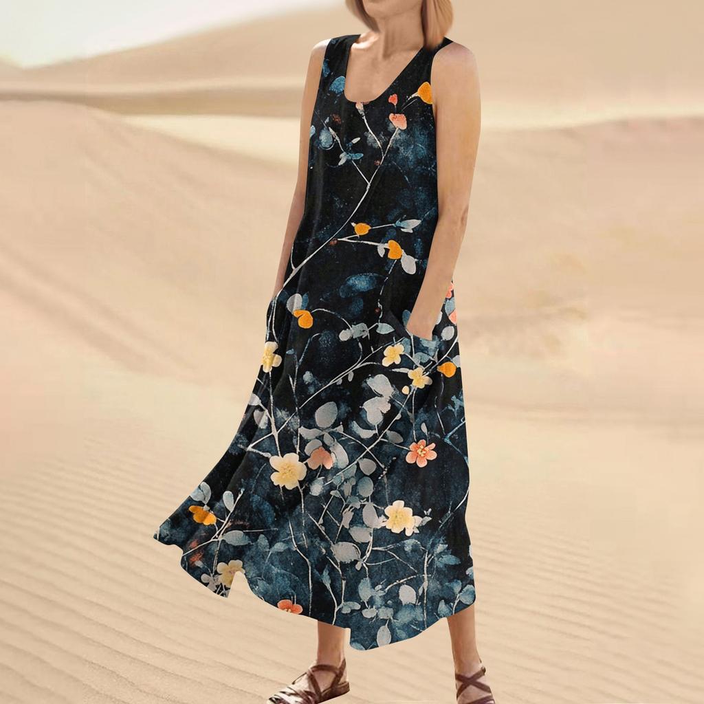 Robe d'été décontractée pour femmes, imprimé floral, sans manches, col rond, poches