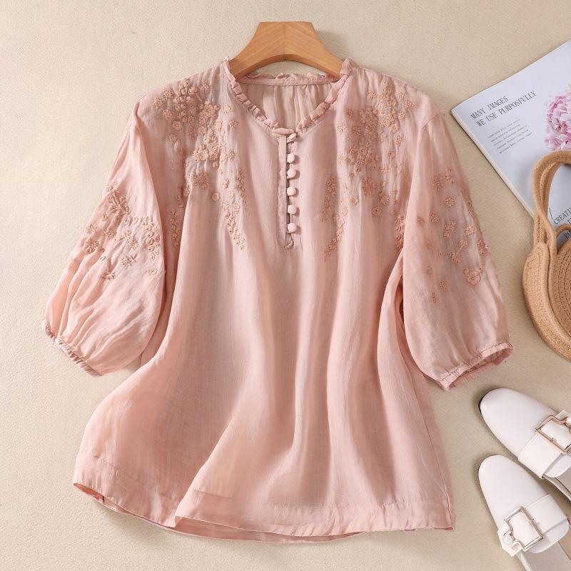 

Летняя хлопковая льняная художественная свободная вышитая цветочная рубашка с V-образным вырезом для женщин, блузки и рубашки 2XL розовый