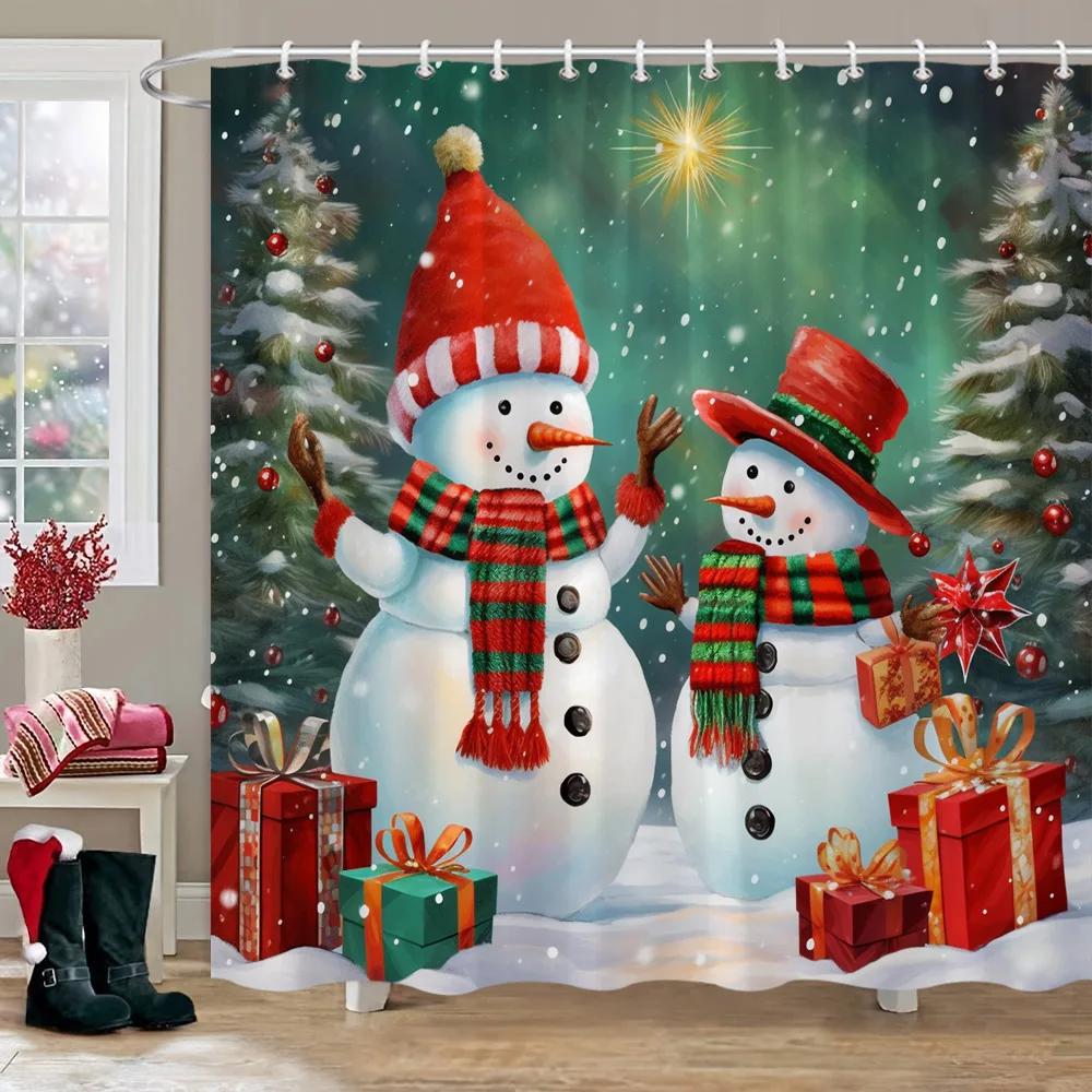 Christmas Snowman Shower Curtain Merry Santa Elf Deer Red Truck Polyester Fabric Printed Bath Curtains Bathroom Decor With Hoo
