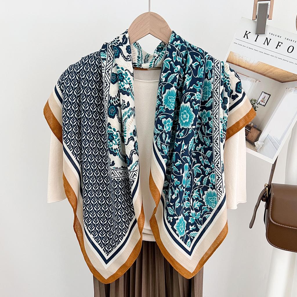 Ethnic spring summer printing new versatile foreign style fashion scarf outer wear shawl sunscreen cotton and linen 81CM square scarf