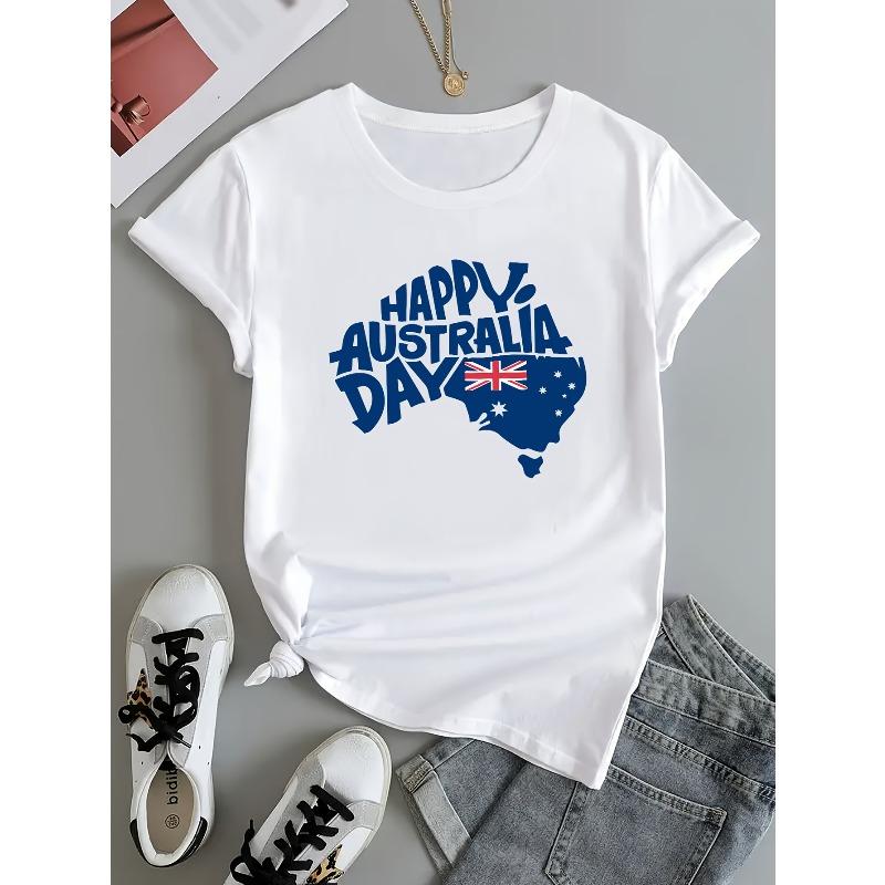 Women's Happy Australia Day Graphic Tee Crew Neck Short Sleeve Union Jack Map Design Regular Fit Spring Summer Fall Casual Everyday Top