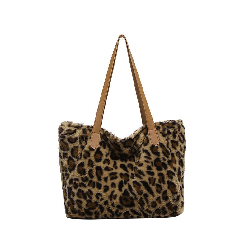 

Winter new portable plush bag women s personality fashion leopard print shoulder bag large capacity trendy casual tote bag one size fits all