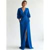 Dames V-hals Wikkel Maxi Jurk Vleermuis Lange Mouw Taille Twist Geplooid Split Zoom Zijzakken Elegante Satijnen Gevoel Avondjurk