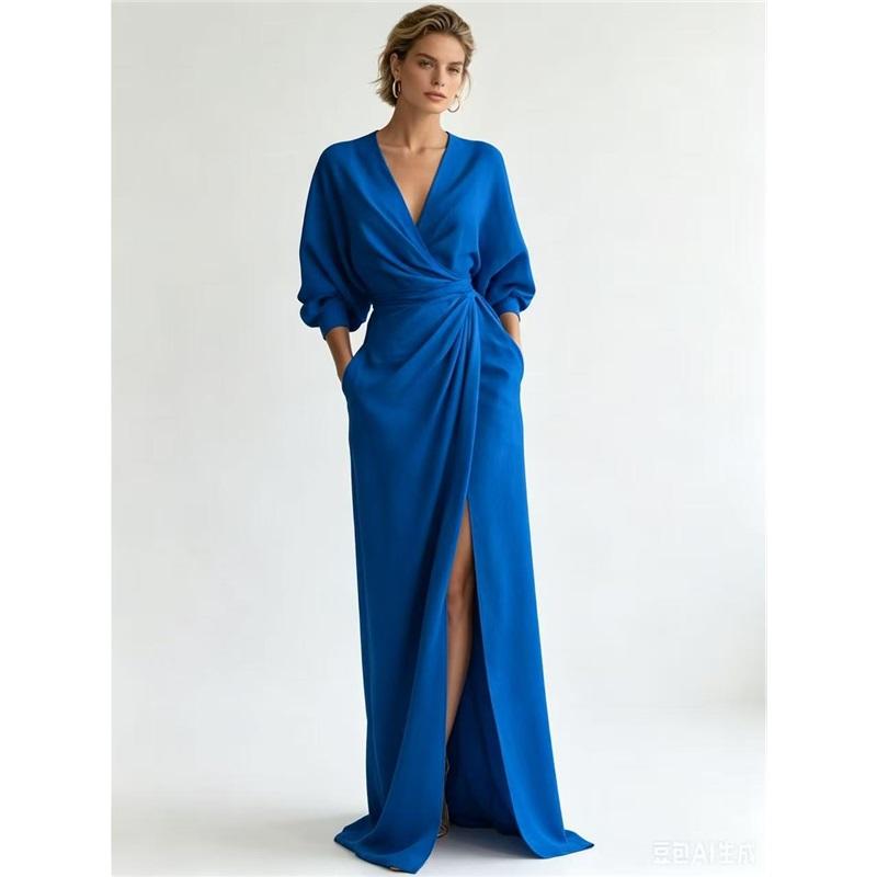 Dames V-hals Wikkel Maxi Jurk Vleermuis Lange Mouw Taille Twist Geplooid Split Zoom Zijzakken Elegante Satijnen Gevoel Avondjurk
