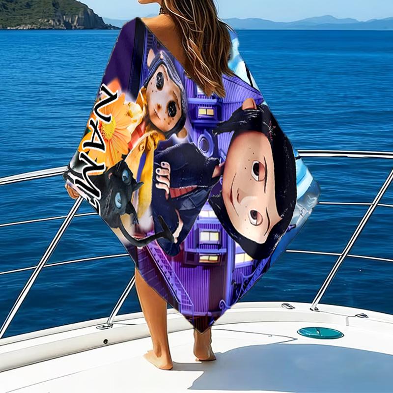 1pc Coraline7 Beach Towel with Custom Name, Beach/Swimming/Bath/Picnic/Camping Towel, Suitable for Seaside Beaches