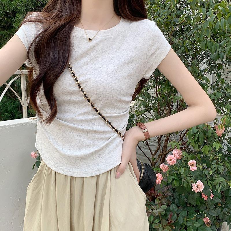 Front Shoulder Crew Neck Short Sleeve T-Shirt Women's Summer Design Sense Waist Skinny Curved Hoop Short Xiaofei Sleeve Slim Top