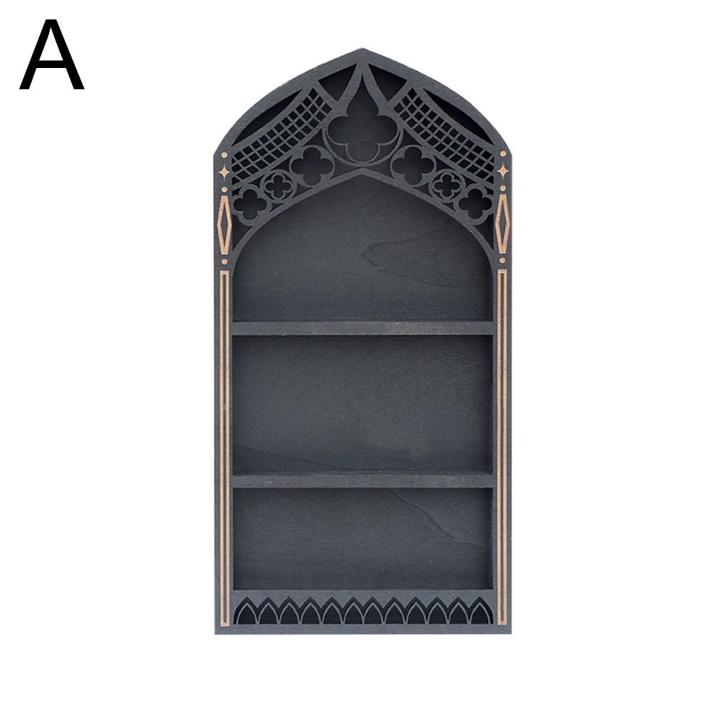 Wall Display Shelf Wood Church Window Design Stones Holder Black Wooden Shelf For Wall For Office Gothic Room Decoration