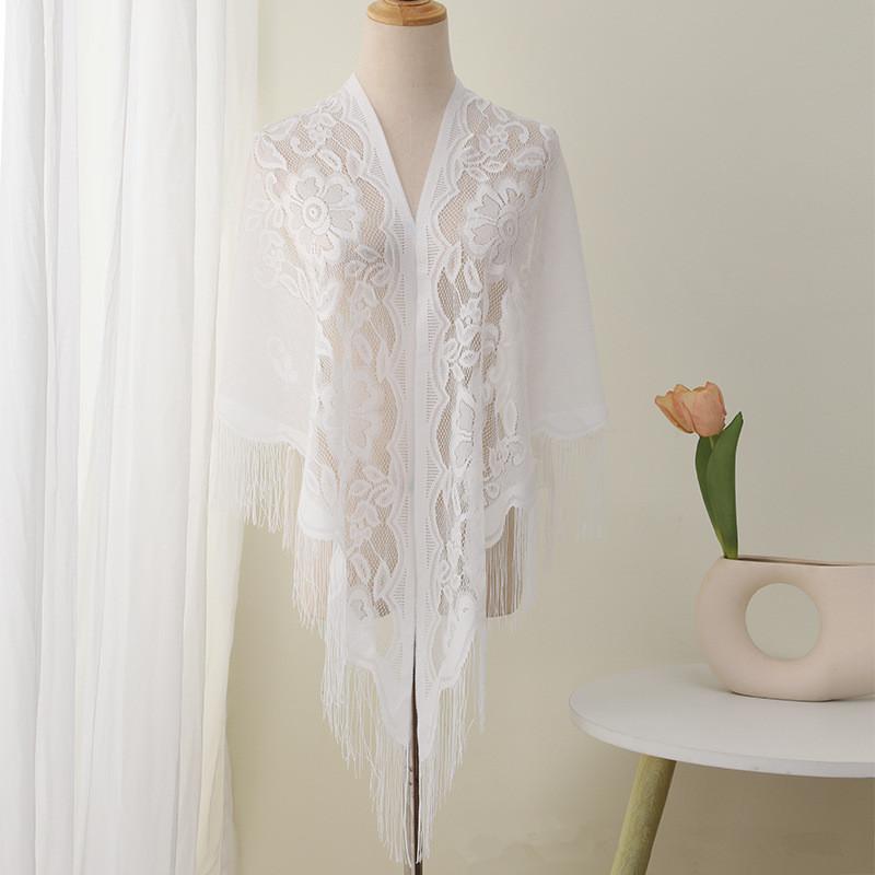 Summer Transparent Lace Flower Tassel Scarf Mesh Yarn Cheongsam Shawl Triangle Neck Scarves Neckerchief Head Scarf