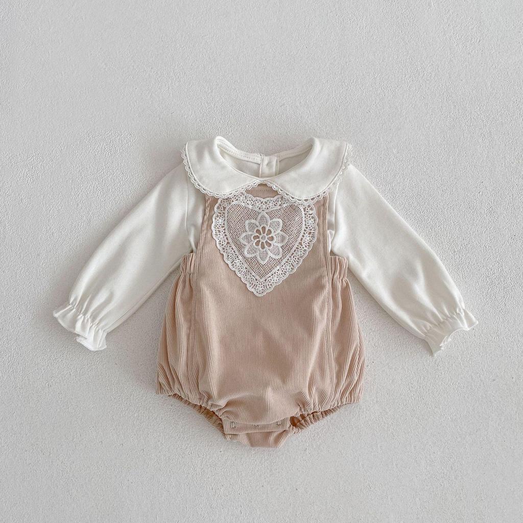 Frühling 2025 Baby Mädchen Puppenkragen Top & Spitzen-Overall Set