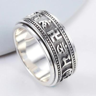 Thai  Craft Mens Rings Rotable Stereoscopic Embossed Design Vintage Glossy Six-Character Mantra Domineering Jewelry