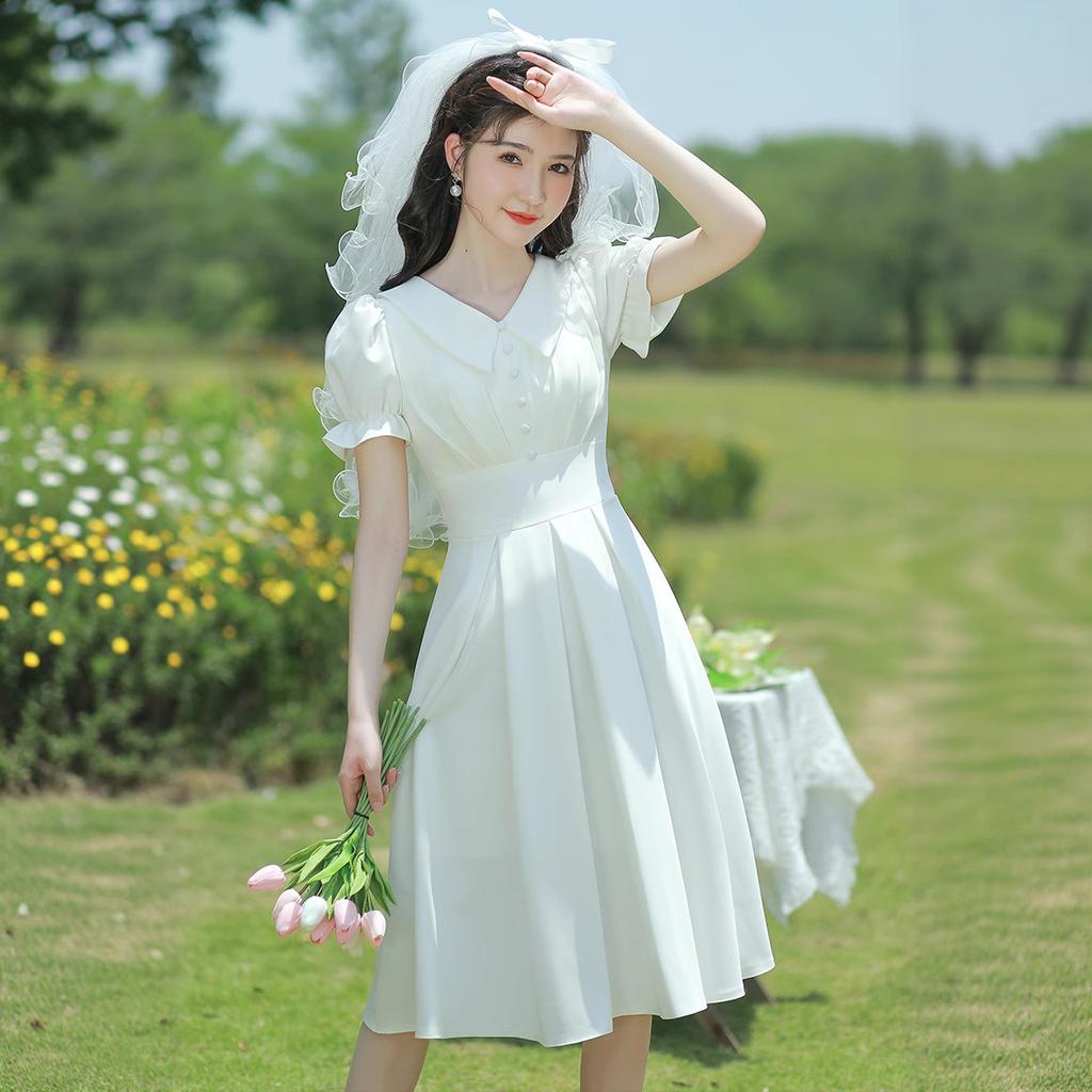 White French Gentle First Love Skirt Slim Fit Dating Doll Collar Medium and Long Small Man Certificate Registration Small White Dress