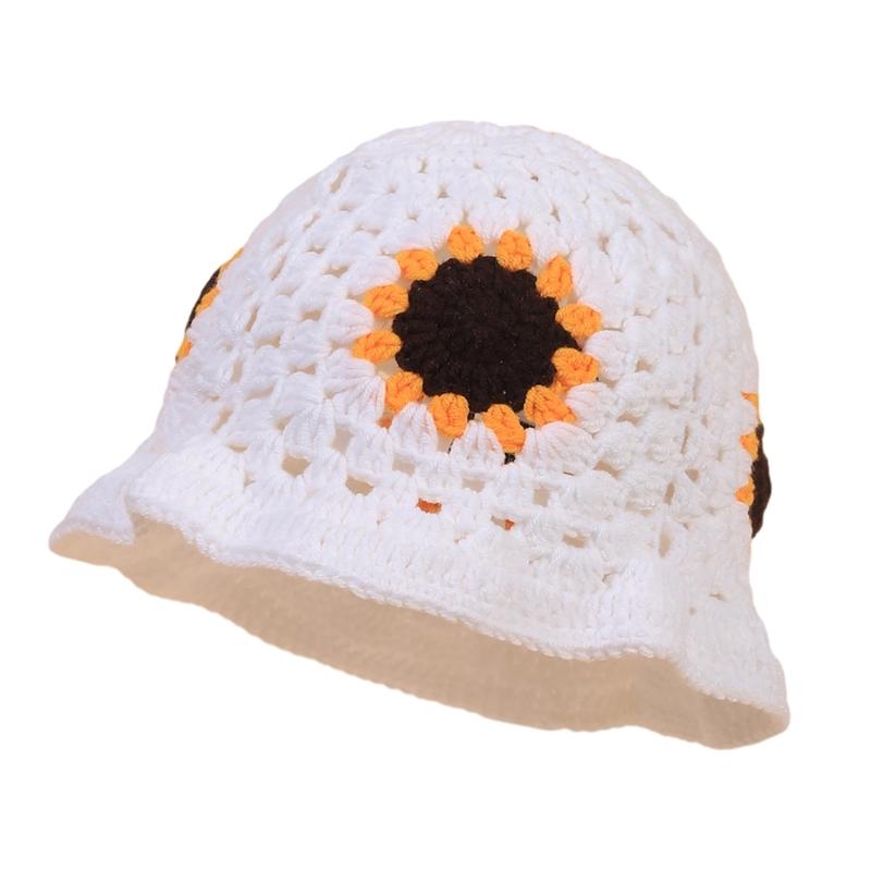 Elegant Bucket Hat Floral Granny-square Crochet Hat Holiday Decors Vacation Hat Western Cloch Style for Schoolgirls