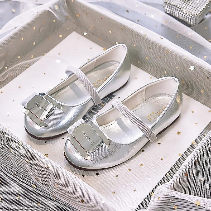 Girls princess shoes 2025 spring new silver show wedding soft sole with dress girls leather shoes children's single shoes