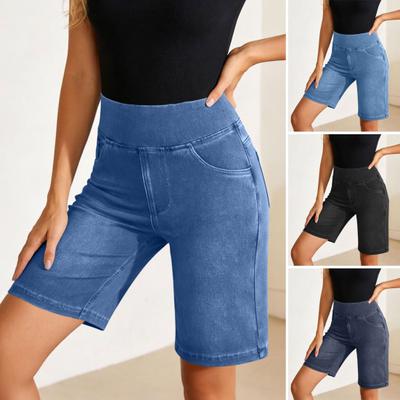 Stretchy Jean Shorts for Women High Waisted Tummy Control Pull On Denim Shorts Summer Casual Knee Length Jorts with