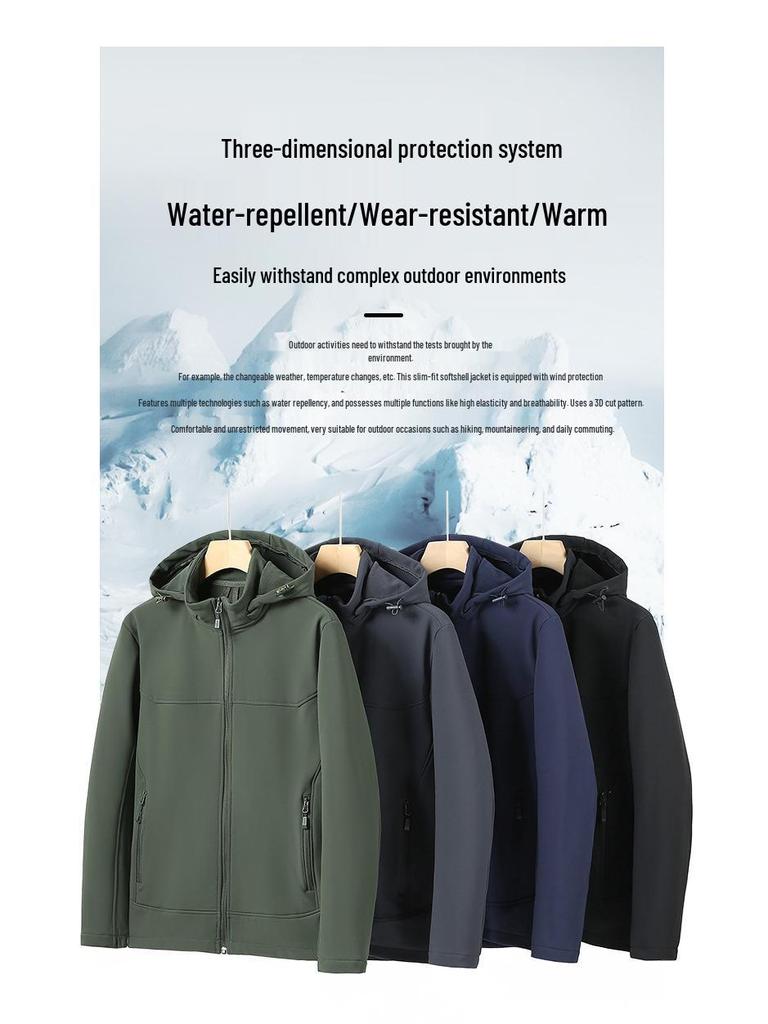 Men's Winter Softshell Jacket with Detachable Hood, Fleece-Lined, Windproof, and Warm - Plus Size Available