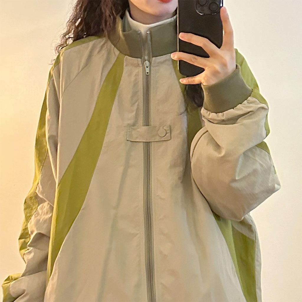 Women's American Retro Color Block Patchwork Design Stand Collar Baseball Jacket Loose Windbreaker Jacket for Autumn