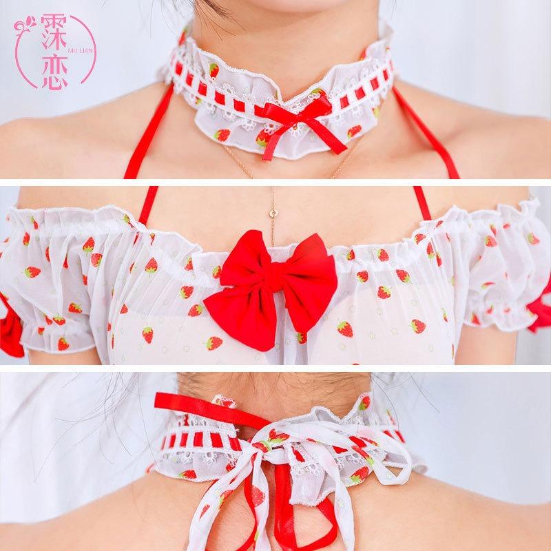 Sex Lingerie Chiffon Strawberry Print Sexy Chest Wrap Perspective Sex Uniform Seduction Cosplay