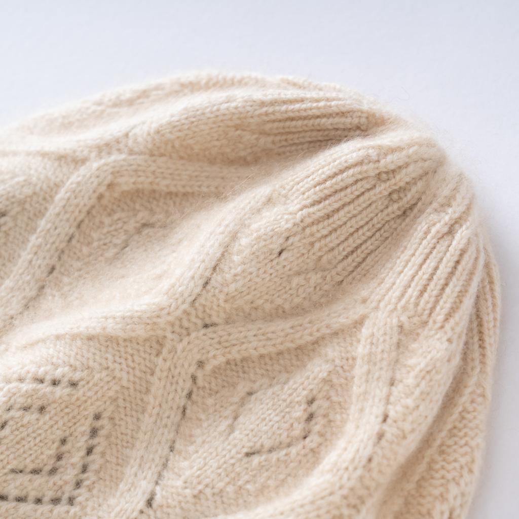 Women's 100% Cashmere Flipped Knitted Beanie Color Blocking Embroidery Windproof Warm Outdoor Ear Protection Elegant Bonnet