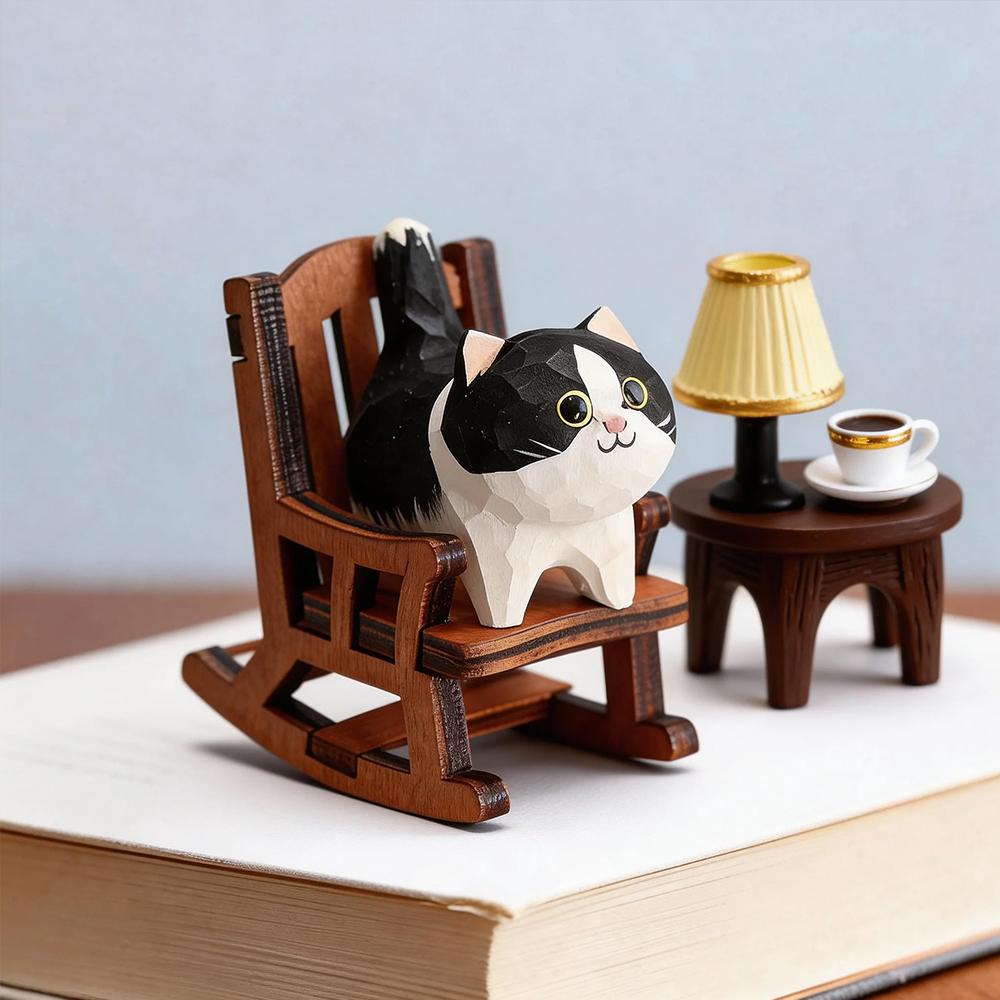 Cute Cat Animals Figurine Decorative Wooden Ornament Miniature Kitten Coffee Home Bedroom Office Desk Decoration Gift Statue