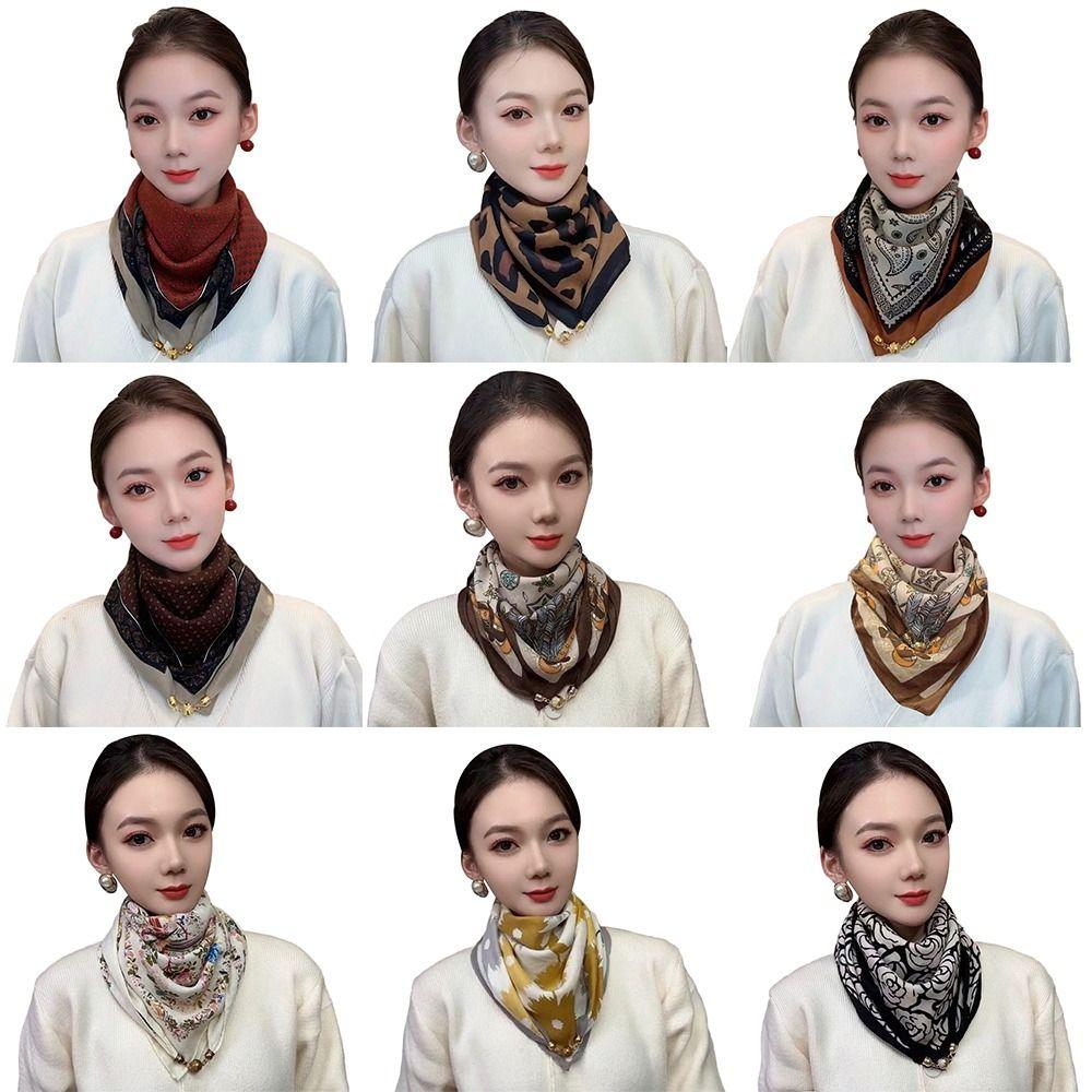 Soft Winter Silk Scarf Warm Small Square Scarf Fashion Magnetic Buckle Scarf  Women