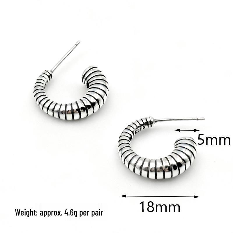 S925 Sterling Silver C-Shaped Textured Stud Earrings for Women - Retro Distressed European & American Design 925 Silver