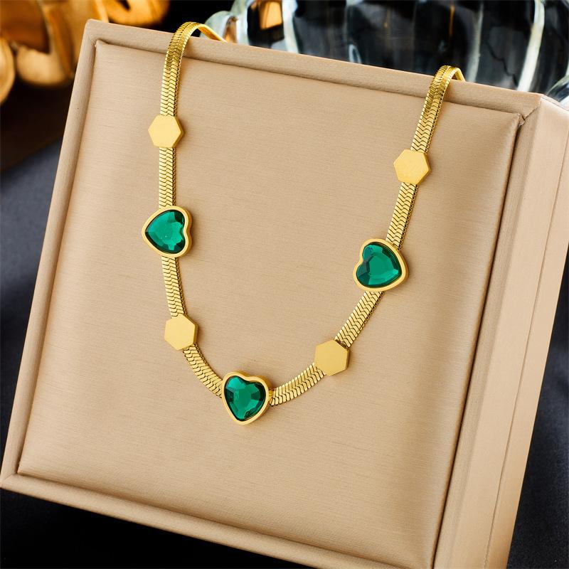 Gold Herringbone Chain Necklace with Green Heart CZ, 18K Gold Plated Dainty Snake Chain Choker, Adjustable Jewelry for Women Daily Wear Gift