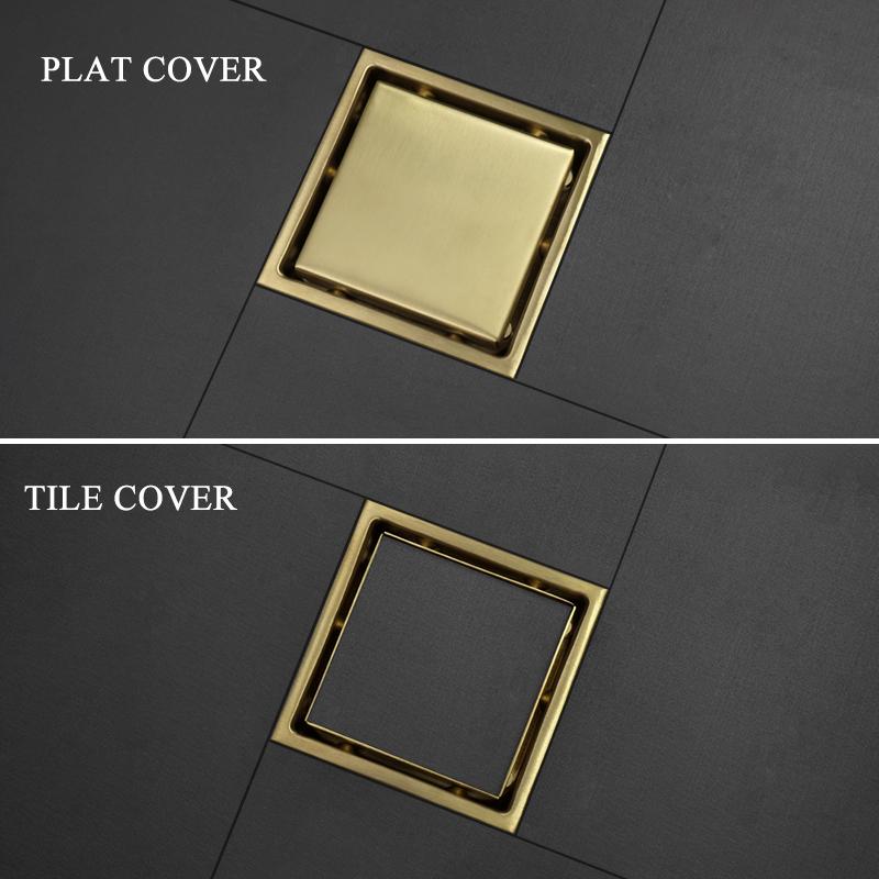 Børstet Gull Svart Børstet 304 Rustfritt stål Baderomsgulvavløp Firkantet Dusjrom Lukthemmende Og Blokkeringsfritt Avløp