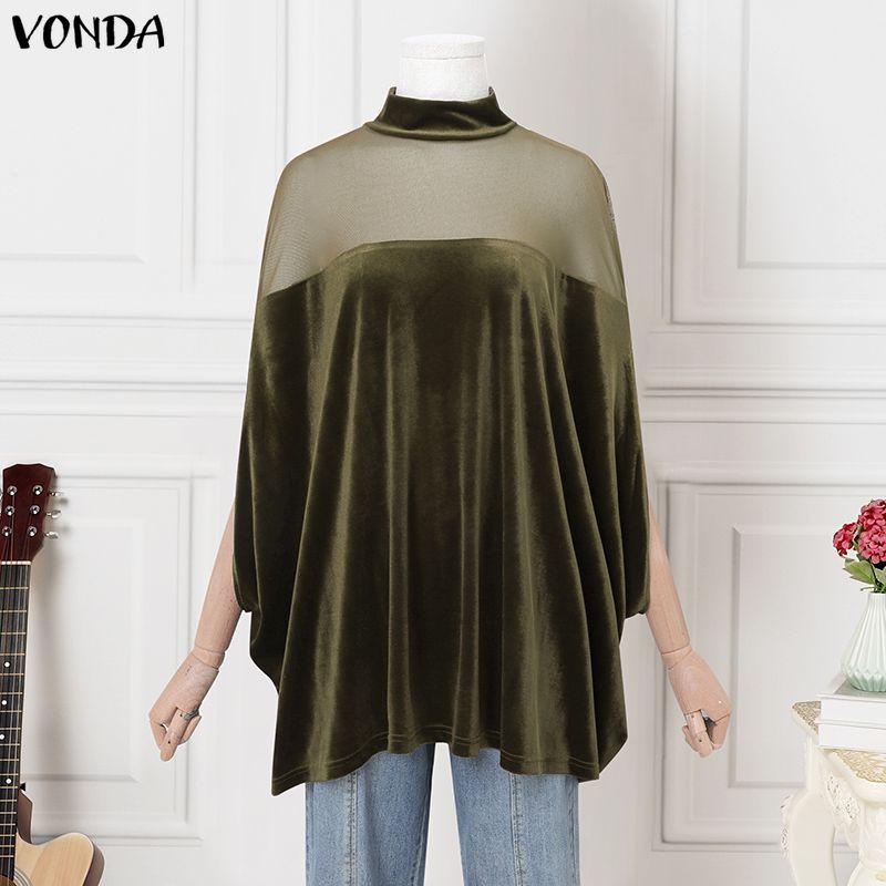 VONDA Women Stand Neck 3/4 Batwing Sleeve Mesh Patchwork Velvet Loose Long Tunic Blouse