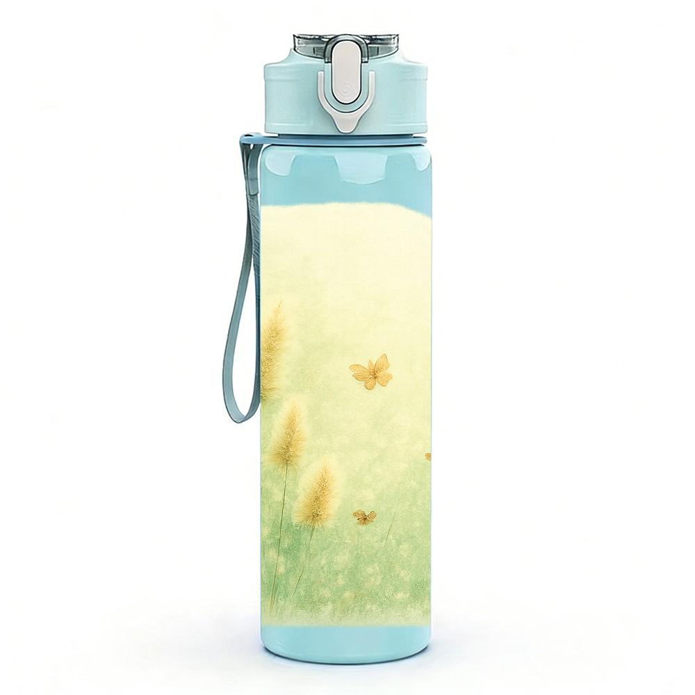 1PC Light Green Wheat Ear Plant Texture Print 750ml Color Plastic Sports Water Bottle Leakproof Flip Straw Lid Suitable for Sports Office Home Use