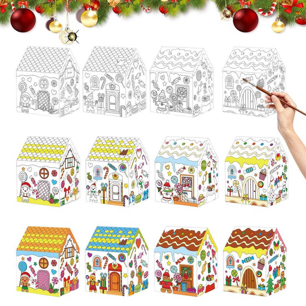 12pcs Christmas Paper Colored Houses DIY Handmade Colored Cardboard Houses Holiday Party Gifts For Teens Girls boys