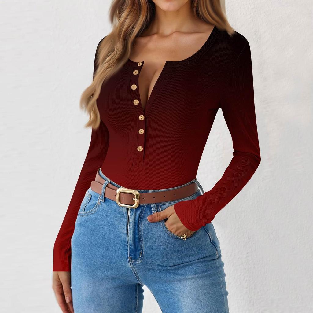 Women's  And Winter Slim Bottom T-shirt Fashion Casual Gradient Printing Round Neck Pullover Long Sleeve Top