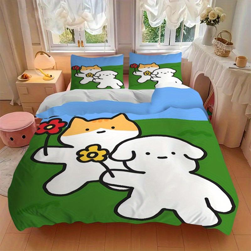 3pcs Cat Flower Bedding Set, Breathable and Soft, Suitable for All Seasons, Ideal for Home Use, Suitable for Bedroom Decor 21179