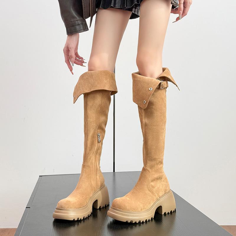 Cowhide version~ 8CM over-knee thick-soled two wear folded knight boots fat mm thick legs thin tall western boots women's winter
