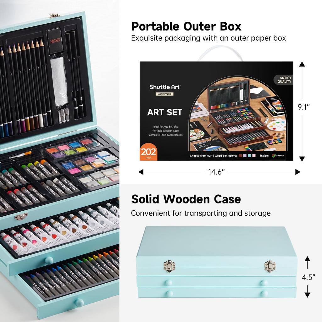Shuttle Art Drawing Set 202 Pieces Art Supplies Colored Acrylic Solid Drawing Coloring Watercolor Pencil Drawing Palette Brushes Included Storage Box