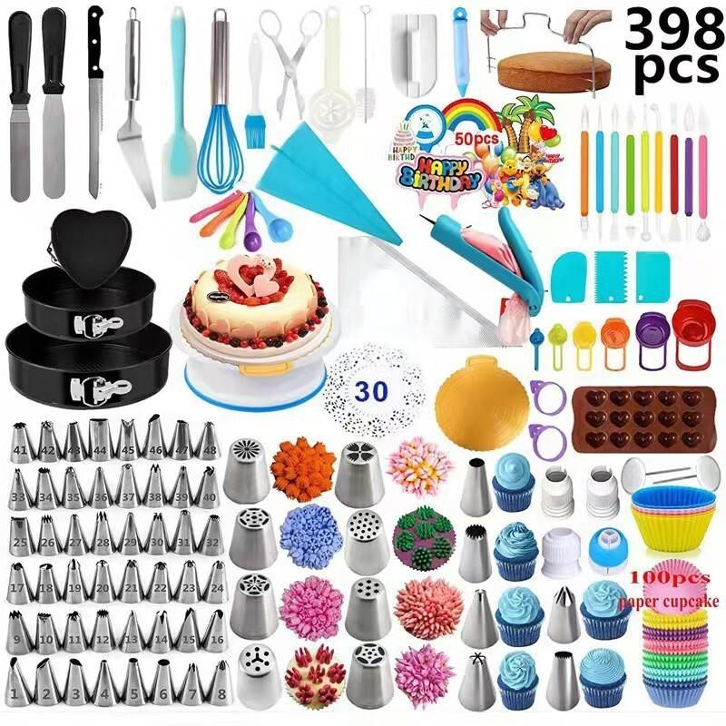 398/413-Piece Cake Decorating Kit With Turntable Piping Tips Non-Stick Carbon Steel Baking Pan Set