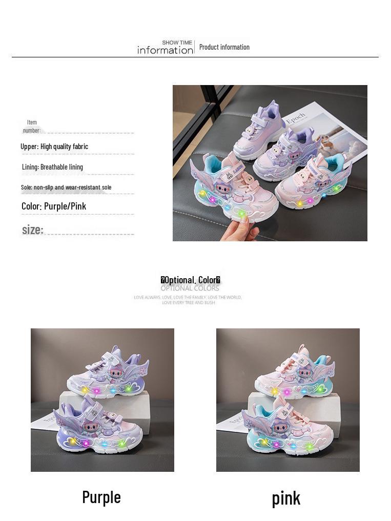 Labubu Mädchen Leuchtende Mesh Laufschuhe - Herbst 2025: Atmungsaktiv, Weiche Sohle, Lederoberfläche Sportsneaker