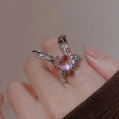 Finger Ring Adjustable Exquisite Rhinestones Pink Heart Lovely Rabbit Ear Women Finger Ring Valentine's Day Gift