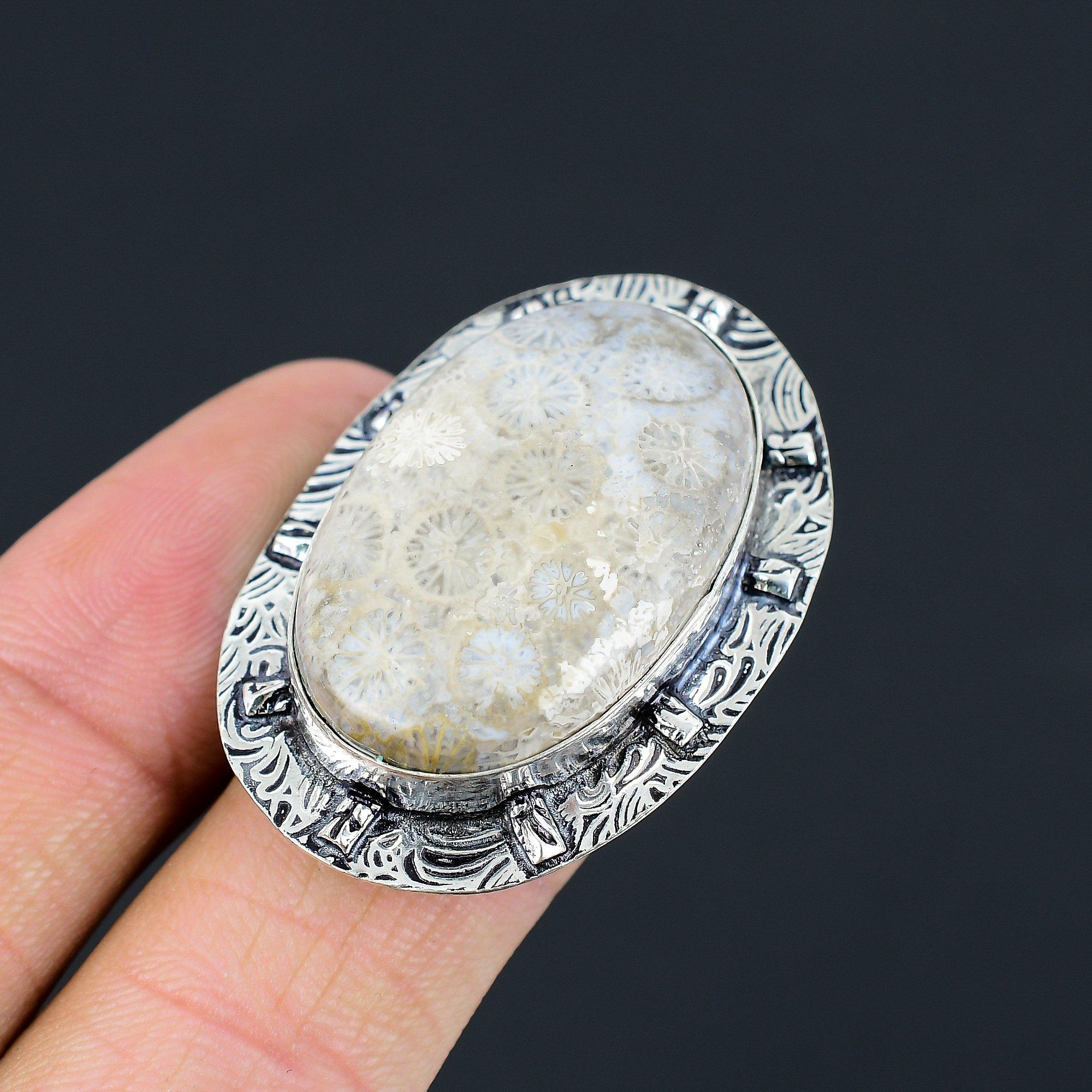 Womens day Sale Fossil Coral Gemstone Wedding Ring Jewelry Size 7.5 925 Silver 7.5