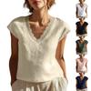 T-shirt/chemise d'été tendance pour femme, à manches courtes et col en V, en dentelle, coupe ample, en coton.