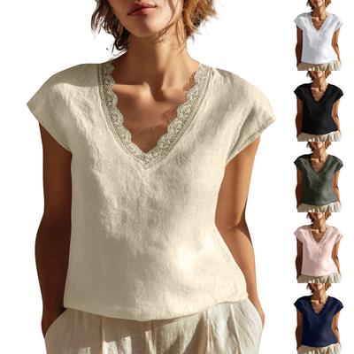 Women's Fashionable New Summer Versatile V-Neck Lace Short-Sleeved Loose  Cotton Shirt/T-Shirt Top