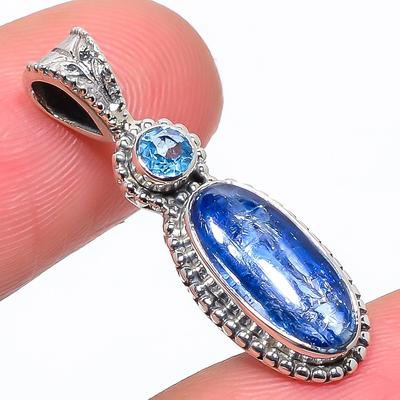 Naturalny Kyanit, Kamień Szlachetny Niebieski Topaz Srebro Próby 925 Solidny Srebrny Wisiorek 1,26" i0S30