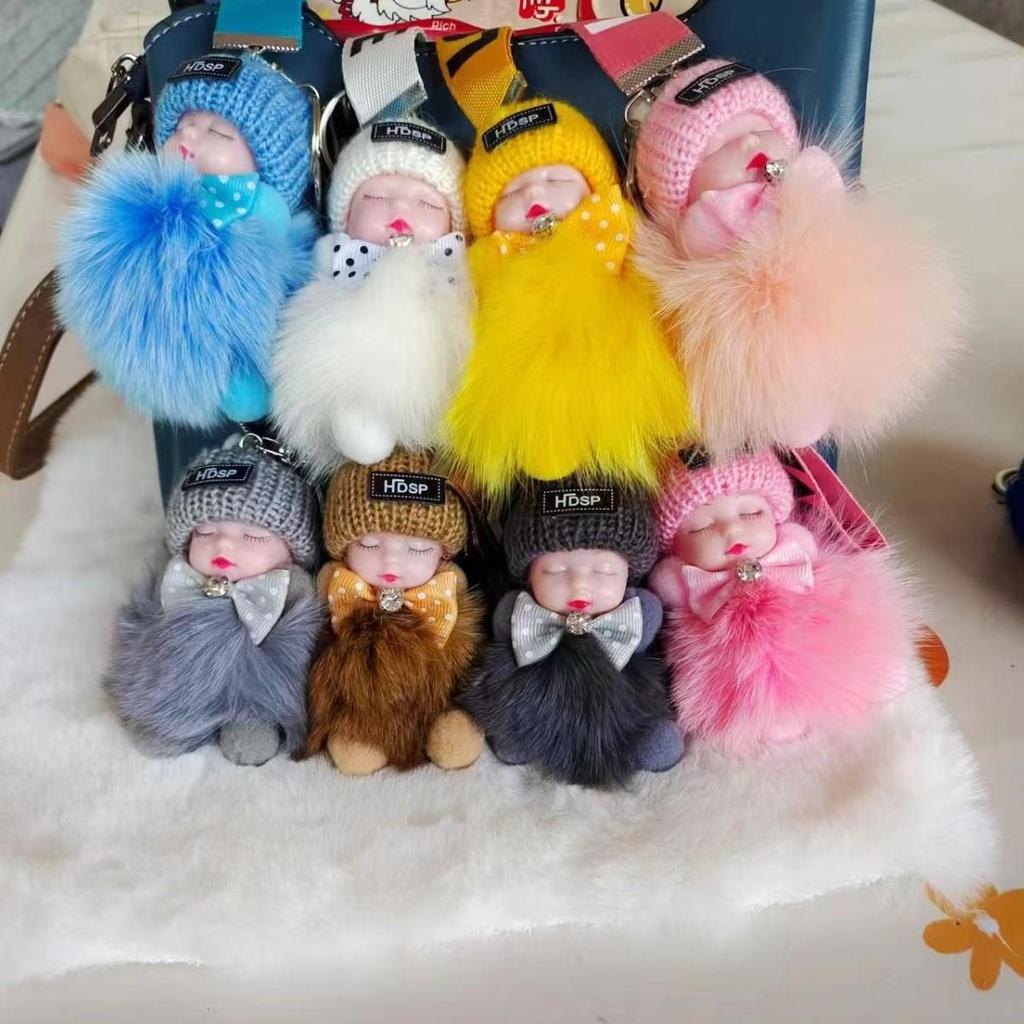 Genuine Fox Fur Sleep Doll Keychain Plush Pom-Pom Accessory