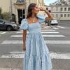 New summer plaid square neck bubble sleeve waist medium and long dress
