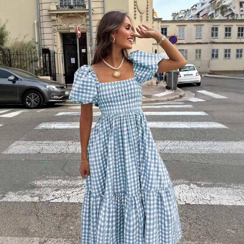 New summer plaid square neck bubble sleeve waist medium and long dress