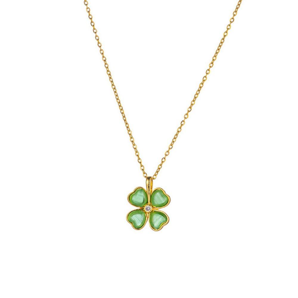 

2026 Lucky Four-Leaf Clover Pendant Necklace - Green Cat s Eye Heart Floral Collarbone Chain for Women Delicate Jewelry