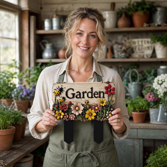 Floral Garden Sign with Stake, Farmhouse Garden Sign, Colorful Flowers Yard Art Stake, Rustic Welcome Sign for Home Garden Pathway Planter Decor